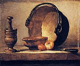 Jean Baptiste Simeon Chardin Canvas Paintings - Still Life with Pestle, Bowl, Copper Cauldron, Onions and a Knife